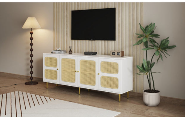 Elegant White Rattan - TV Cabinet - 180x40x72cm - met 4 Rotan Deuren - in Hoogte Verstelbare Planken - en Kabelbeheer - voor Maximaal 80 inch Televisies - Tv-Kasten - Lowboards