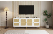 Elegant White Rattan - TV Cabinet - 180x40x72cm - met 4 Rotan Deuren - in Hoogte Verstelbare Planken - en Kabelbeheer - voor Maximaal 80 inch Televisies - Tv-Kasten - Lowboards