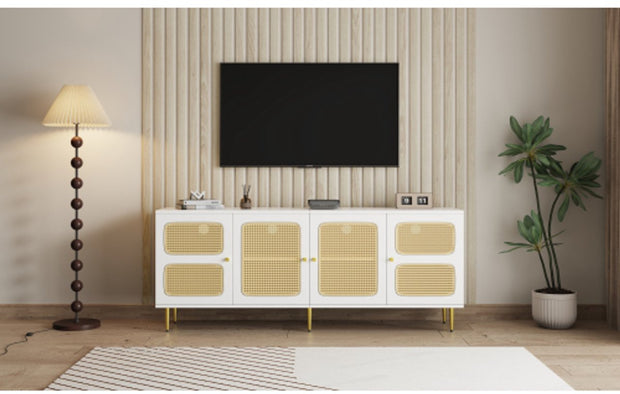 Elegant White Rattan - TV Cabinet - 180x40x72cm - met 4 Rotan Deuren - in Hoogte Verstelbare Planken - en Kabelbeheer - voor Maximaal 80 inch Televisies - Tv-Kasten - Lowboards