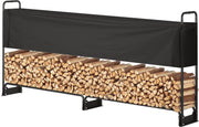 Brandhoutrek Metaal - met Waterdichte Hoes - Stalen Frame - Gepoedercoat - Haardhout Opslag - 300kg Draagvermogen - Binnen en Buiten - 259x36x117cm - Zwart