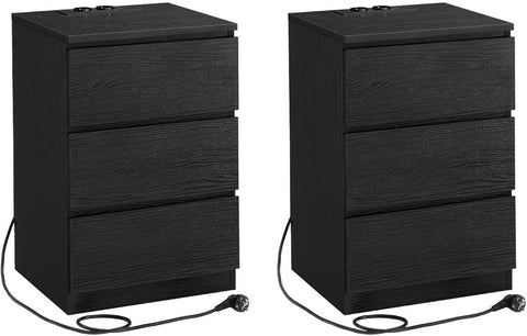 Nachtkastje set van 2 - Slaapkamer - Modern - Ebbenhout zwart - 3 lades - Met stopcontact