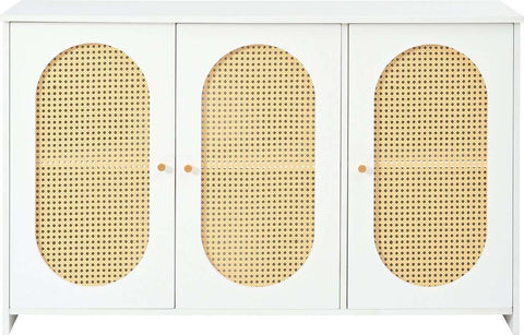 Gutent Sideboard, White, with 3 Doors, Lots of Storage Space, Artificial Rattan Doors and Metal Handles, is an accent piece in the dining room, living room and kitchen.
