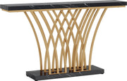 Grid Console Table - Moderne Gouden Consoletafel - Haltafel - Wandtafel met Rastervormig Metalen Onderstel - Ideaal voor Ingang, Gang en Entree - Zwart - Goud - Marmer - 150 x 80 x 30 cm (B x H x D)