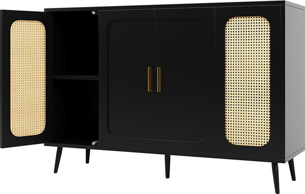 Sideboard Buffet Cabinet Hall Cabinet with storage space and blister doors rattan wooden for kitchen and living room Black
