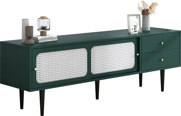 TV-Meubel - Groen met Wit Rotan - met 2 Rotan Schuifdeuren - 2 Laden - 4 Vakken met Verplaatsbare Planken