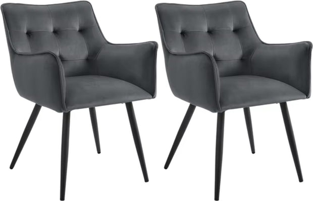 Eetkamerstoel - Set van 2 stoelen - Fluweel eetkamer stoel - Eettafel stoel - Fauteuil - Velvet - Zwarte Poot - Donker grijs