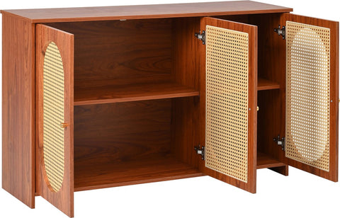 Dressoir - Walnoot - met 3 Deuren - Veel Opbergruimte - Kunstrotan Deuren - en Metalen Handgrepen is een Accentstuk in de Eetkamer - Woonkamer en Keuken.