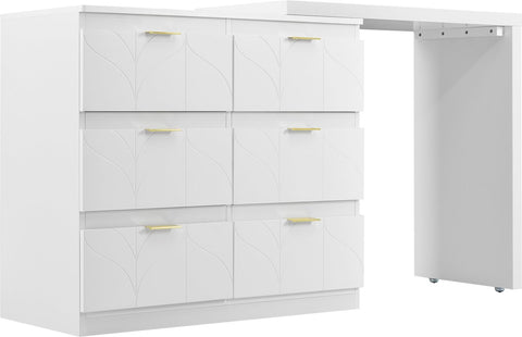 Kaptafel, Wit (Zonder spiegel en kruk), met 6 Laden, Vergulde Handgrepen, draaibaar tafelblad (180°), gelakt, bloemmotief, schokbestendig afgeronde hoeken