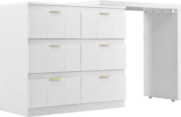 Kaptafel, Wit (Zonder spiegel en kruk), met 6 Laden, Vergulde Handgrepen, draaibaar tafelblad (180°), gelakt, bloemmotief, schokbestendig afgeronde hoeken