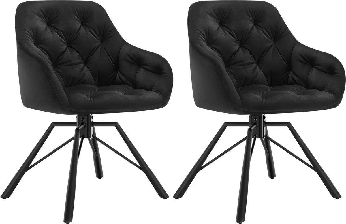 Eetkamerstoel - Set van 2 stoelen - Fluweel eetkamer stoel - Eettafel stoel - Fauteuil - Draaibaar - Velvet - Metalen poot - Zwart