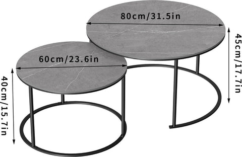 Salontafels - Salontafels rond - Salon tafel - Moderne ronde grijze salontafel - Set van 2 - Stenen blad met metalen ronde poot