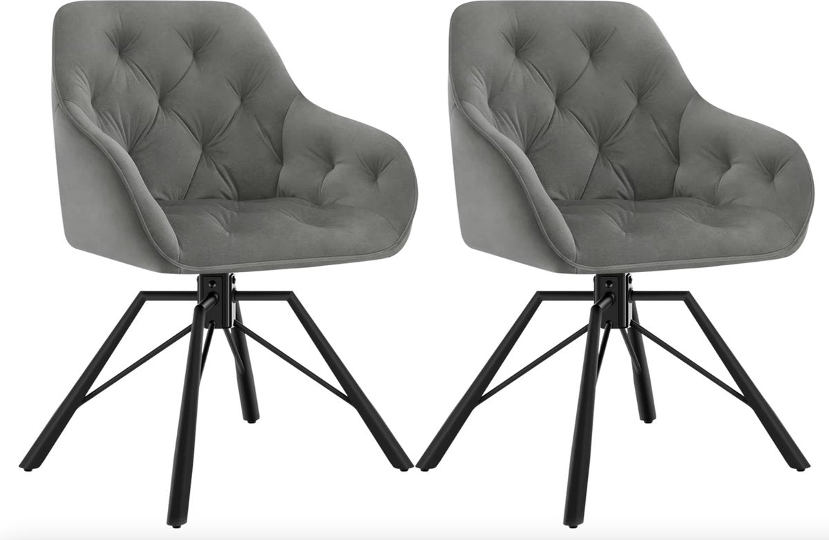 Eetkamerstoel - Set van 2 stoelen - Fluweel eetkamer stoel - Eettafel stoel - Fauteuil - Draaibaar - Velvet - Metalen poot - Grijs
