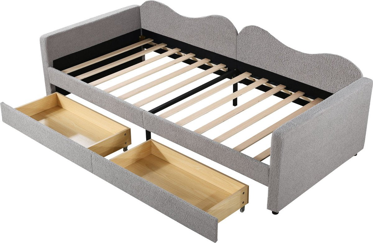 Kinderbed - Slaapbank met 2-laden - Teddybeerbedframe - Multifunctioneel Zacht -  Bed Met Rugleuning en Armleuningen -  90*200 cm -Grijs -  (Ween matras)