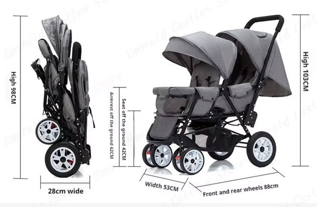 Duo kinderwagen - Duo buggy - Tweeling kinderwagen - Dubbele kinderwagen - Opvouwbaar - Met regenhoes - Rood/Goud/Zwart