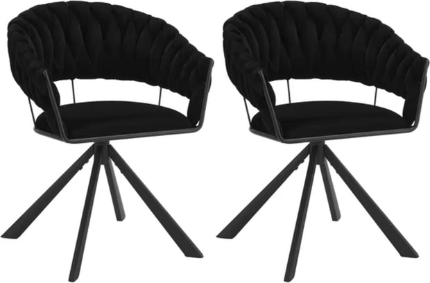Luxe eetkamerstoel set van 2 - Draaibare eetstoel - Fluweel eetkamerstoel - Eettafel stoel - Fauteuil - Stoel - Velvet - Gevlochten - Set - Zwart