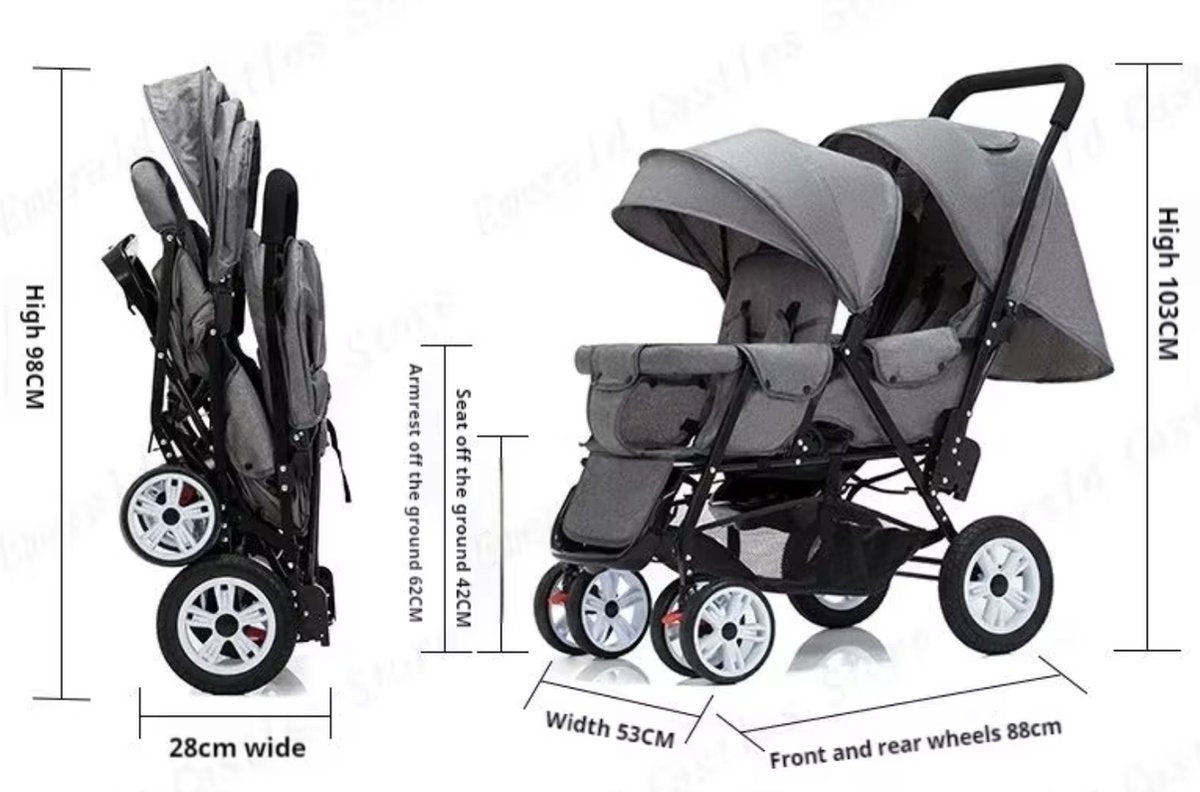 Duo stroller - Duo buggy - Twin stroller - Double stroller - Foldable - With rain cover - Black