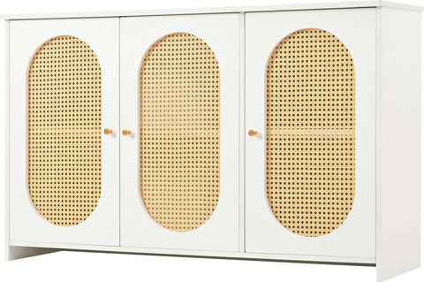 Gutent Sideboard, White, with 3 Doors, Lots of Storage Space, Artificial Rattan Doors and Metal Handles, is an accent piece in the dining room, living room and kitchen.