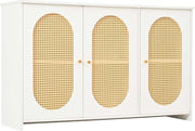 Gutent Sideboard, White, with 3 Doors, Lots of Storage Space, Artificial Rattan Doors and Metal Handles, is an accent piece in the dining room, living room and kitchen.