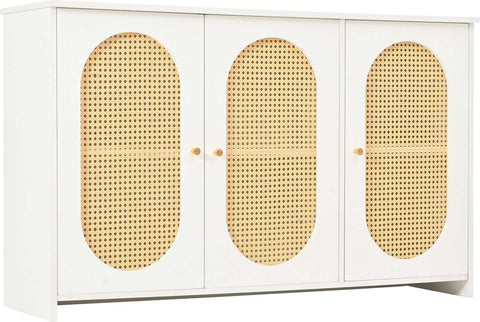 Gutent Sideboard, White, with 3 Doors, Lots of Storage Space, Artificial Rattan Doors and Metal Handles, is an accent piece in the dining room, living room and kitchen.