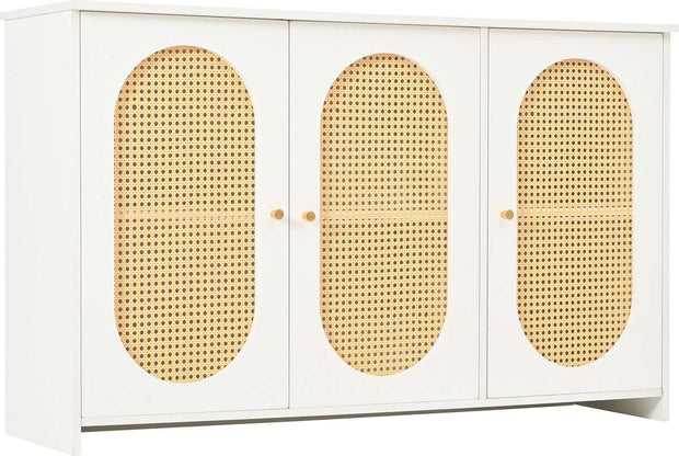 Gutent Sideboard, White, with 3 Doors, Lots of Storage Space, Artificial Rattan Doors and Metal Handles, is an accent piece in the dining room, living room and kitchen.