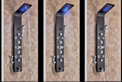 Douchekraan - Regendouche - Douchekop - Douchepaneel - 6 in 1 - Regendouche - Waterval douche - Kraan - Bidet - Massage jet - Handdouche - Waterstroom gevoed - Verlichting en LED display - Zwart