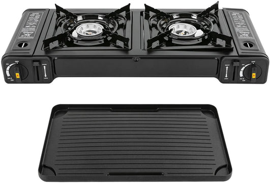 Campinggaspit - Gasbrander Camping - Camping Gasstel - Camping Bbq - Camping Kooktoestel - Fornuis 2 pits - Draagbare Kookplaat - Afneembare Bakplaat - Met Draagkoffer - 64x28cm - Zwart