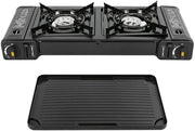 Campinggaspit - Gasbrander Camping - Camping Gasstel - Camping Bbq - Camping Kooktoestel - Fornuis 2 pits - Draagbare Kookplaat - Afneembare Bakplaat - Met Draagkoffer - 64x28cm - Zwart