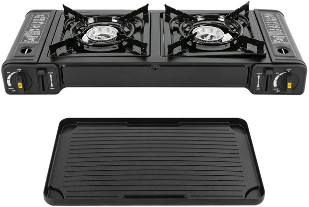 Campinggaspit - Gasbrander Camping - Camping Gasstel - Camping Bbq - Camping Kooktoestel - Fornuis 2 pits - Draagbare Kookplaat - Afneembare Bakplaat - Met Draagkoffer - 64x28cm - Zwart