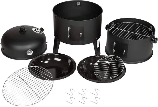 Houtskool BBQ - Buitenkeuken - Houtskool BBQ Smoker - Heavy Duty Ronde Rookgrill - Barbecue Smoker Vat - voor Buiten Koken - Thermometer - Zwart