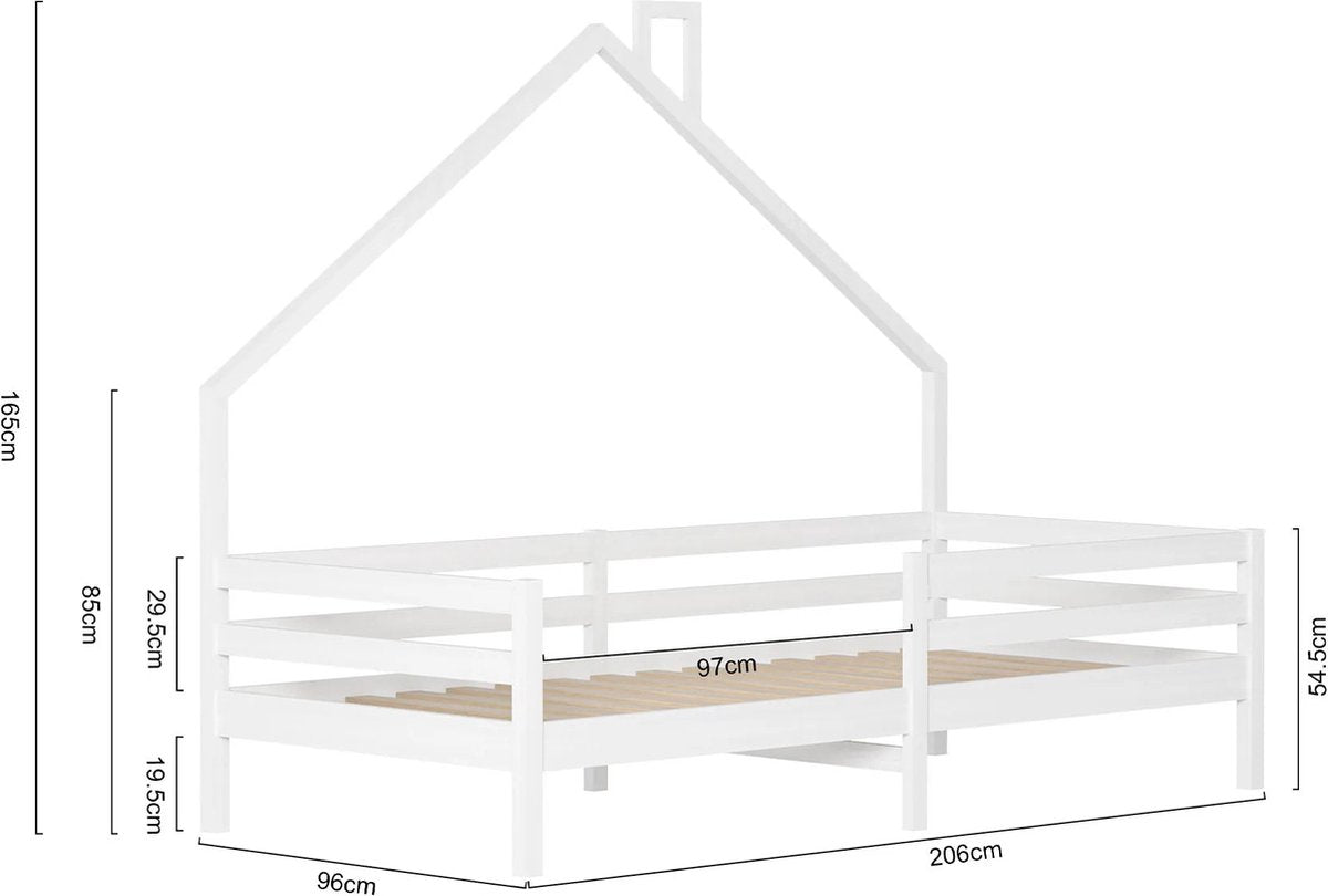 Children's House Bed - Solid Wood - Slatted Base - Pine House Bed With Roof - White - 90x200cm