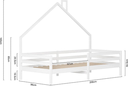 Children's House Bed - Solid Wood - Slatted Base - Pine House Bed With Roof - White - 90x200cm