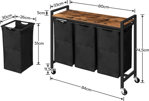 Laundry Basket With 3 Compartments - Capacity 120 Liters - Laundry Basket With Shelf And Pull-Out Bags - Laundry Sorter For Utility Room Bedroom Bathroom Dormitory - Black