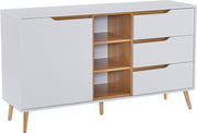 Moderne witte dressoirkast – 140x40x80,5 cm – Opbergkast met 3 lades, open compartimenten en planken – Dressoir met kantelbeveiliging – Voor woonkamer, hal of slaapkamer