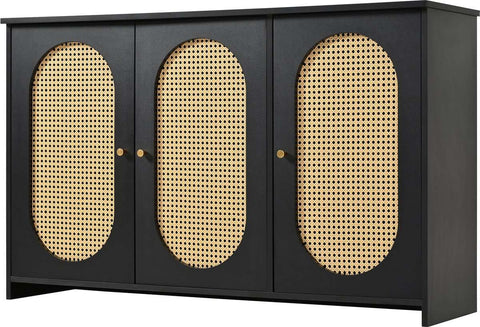 Gutent Dressoir, Zwart, met 3 deuren, Veel Opbergruimte, Kunstrotan Deuren en metalen handgrepen, is een accentstuk in de eetkamer, woonkamer en keuken.