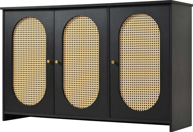 Gutent Dressoir, Zwart, met 3 deuren, Veel Opbergruimte, Kunstrotan Deuren en metalen handgrepen, is een accentstuk in de eetkamer, woonkamer en keuken.