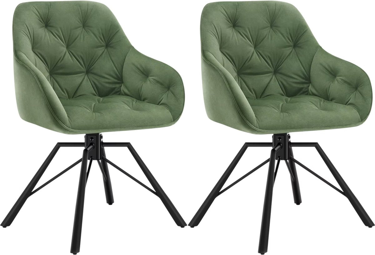 Dining room chair - Set of 2 chairs - Velvet dining room chair - Dining table chair - Armchair - Swivel - Velvet - Metal leg - Green