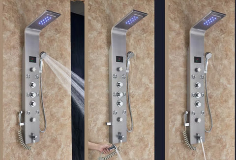 Shower faucet - Rain shower - Shower head - Shower panel - 6 in 1 - Rain shower - Waterfall shower - Faucet - Bidet - Massage jet - Hand shower - Water flow fed - Lighting and LED display - Brushed nickel