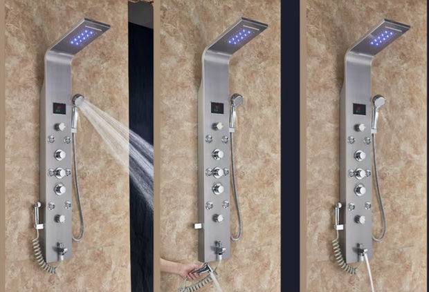 Shower faucet - Rain shower - Shower head - Shower panel - 6 in 1 - Rain shower - Waterfall shower - Faucet - Bidet - Massage jet - Hand shower - Water flow fed - Lighting and LED display - Brushed nickel