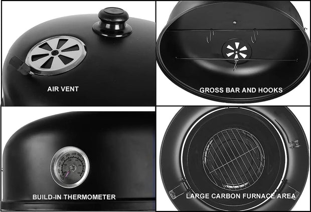 Bbq Roker - Oven - Houtskool Roker - 3 Niveaus - Inclusief Thermometer - Voor Buiten Barbecue - Zwart - 3 in 1