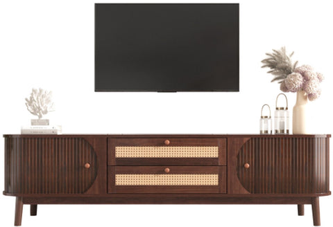 TV-Meubel - van Natuurlijke Houtmix - met Deuren en Lades - TV-Meubel met Rotan Zijkanten - Opbergoplossing - Natuurlijke - Landhuisstijl
