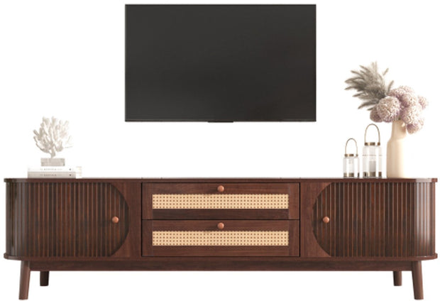 TV-Meubel - van Natuurlijke Houtmix - met Deuren en Lades - TV-Meubel met Rotan Zijkanten - Opbergoplossing - Natuurlijke - Landhuisstijl