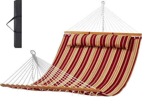 Hangmat met spreidstok - Dubbele hangmat van gewatteerde stof - 3.1m lang - Hardhouten spreidstokken - Gewatteerde hangmat voor 2 personen - Afneembaar kussen - Kettingen voor camping - Outdoor patio Hangmat met spreidstok