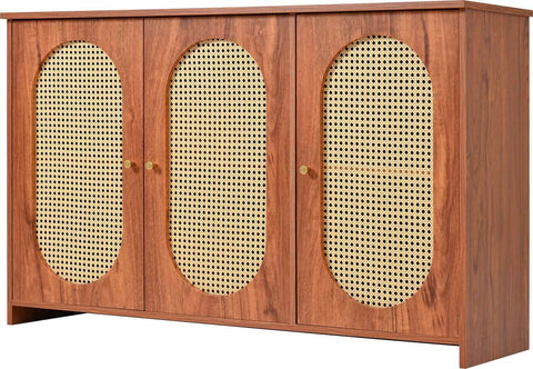 Gutent Dressoir, Walnoot, met 3 deuren, Veel Opbergruimte, Kunstrotan Deuren en metalen handgrepen, is een accentstuk in de eetkamer, woonkamer en keuken.