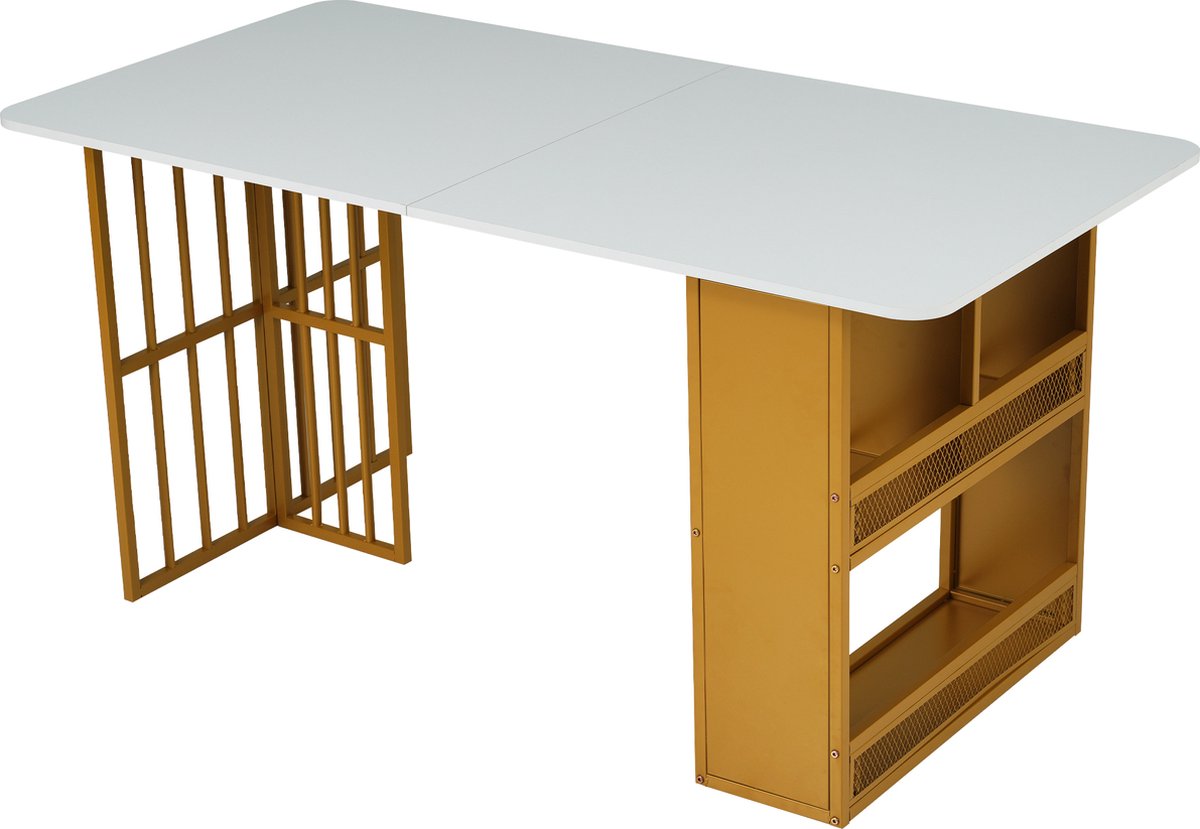 Opvouwbare Eettafel - Multifunctionele Uitschuifbare Eettafel - Beweegbare Eettafel - Uitschuifbare Eettafel met Lades - Eettafel in 3-Vorm - Wit en Goud