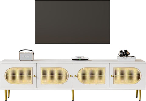 Wit Rattan - TV Cabinet - 180x40x50cm - 4 Rattan-Deuren - Verstelbare Planken - en Kabelbeheer voor Televisies tot 80 inch - Tv-Kast - Lowboards