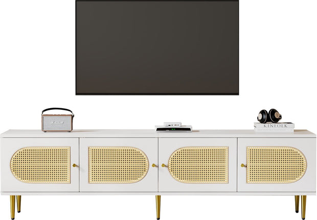 Wit Rattan - TV Cabinet - 180x40x50cm - 4 Rattan-Deuren - Verstelbare Planken - en Kabelbeheer voor Televisies tot 80 inch - Tv-Kast - Lowboards