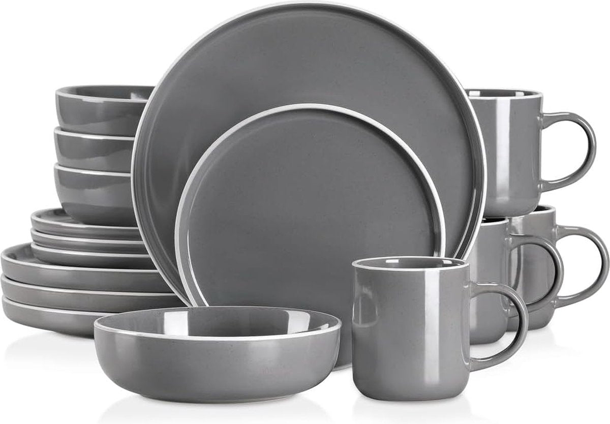 Luxe Serviesset – 16 delig – 4 persoons – Porselein - Bordenset – Dinner platen – Dessertborden - Kommen - Mokken - Grijs