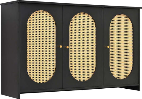 Gutent Dressoir, Zwart, met 3 deuren, Veel Opbergruimte, Kunstrotan Deuren en metalen handgrepen, is een accentstuk in de eetkamer, woonkamer en keuken.