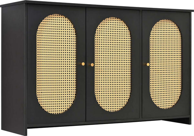 Gutent Dressoir, Zwart, met 3 deuren, Veel Opbergruimte, Kunstrotan Deuren en metalen handgrepen, is een accentstuk in de eetkamer, woonkamer en keuken.