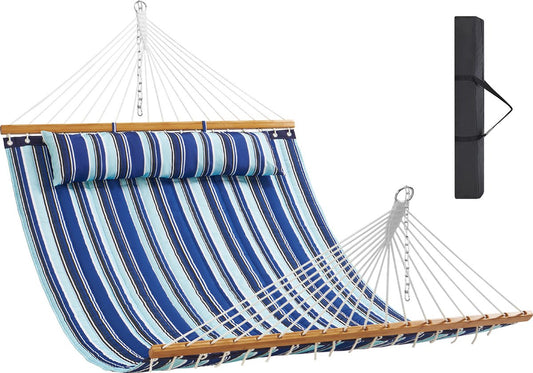 Dubbele Hangmat - Afneembaar Kussen - T-vormige Standaard - Draagbare Draagtas - 2 Personen - met Gebogen Spreidstok - Draagvermogen 200 kg - Blauwe en Witte Strepen